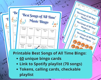 60 Best Songs of All Time Bingo cards - music bingo - 50's 60's 70's 80's 90's and zero's music  - music games - Spotify playlist bingo