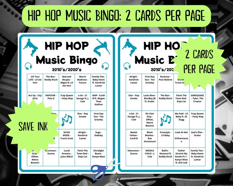 80 Hip Hop Music Bingo cards - recent hip hop music bingo - 2010s 2020s Hip Hop music - friends game night - incl Spotify playlist - bar bingo - hip hop legends - family reunion bingo - old school hip hop - do the right thing - hip hop music games