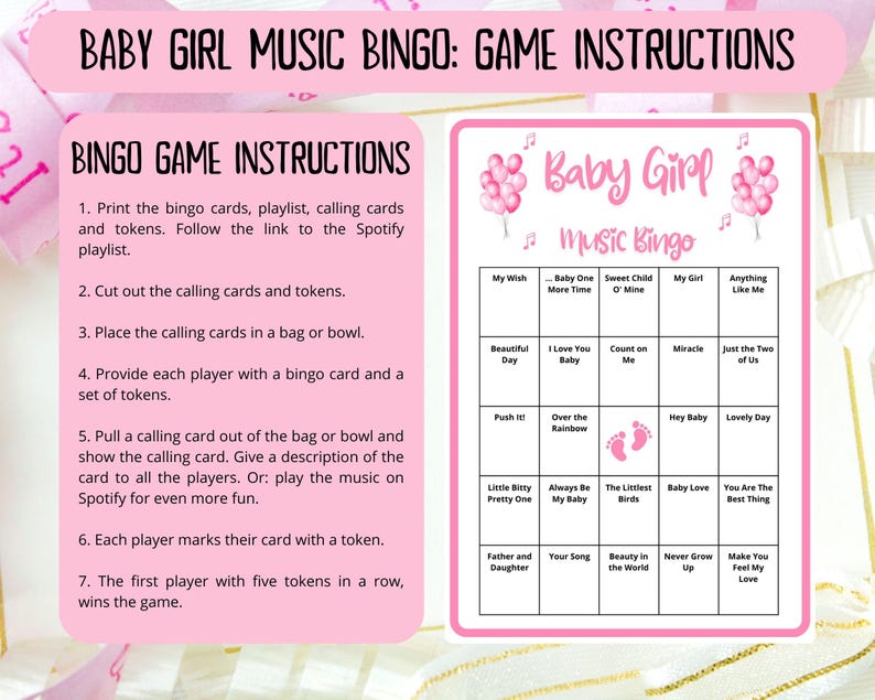 60 Baby Girl Music Bingo cards - music bingo - baby shower bingo - virtual baby games - girl baby shower - baby shower music - Spotify bingo - music playlist bingo -fun baby shower game - virtual baby games - baby shower activity - gender reveal game