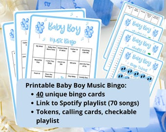 40 Baby Boy Music Bingo cards - baby shower bingo - music bingo - virtual baby game - boy baby shower - baby bingo - incl Spotify playlist