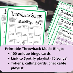 Muziekbingo - 100 Throwback Songs Bingokaarten - muziekspellen - teambuildingspellen - leuke ijsbreker - incl Spotify-afspeellijst - vrijgezellenfeesten