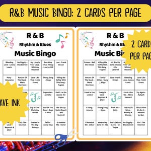 80 RnB Music Bingo cards - Rhythm and Blues - music games - team building game - class reunion bingo - family reunion bingo - Spotify playlist - RnB Soul Pop Songs - RnB bingo - pub crawl bingo - bar bingo - RnB songs bingo - soul music - printable