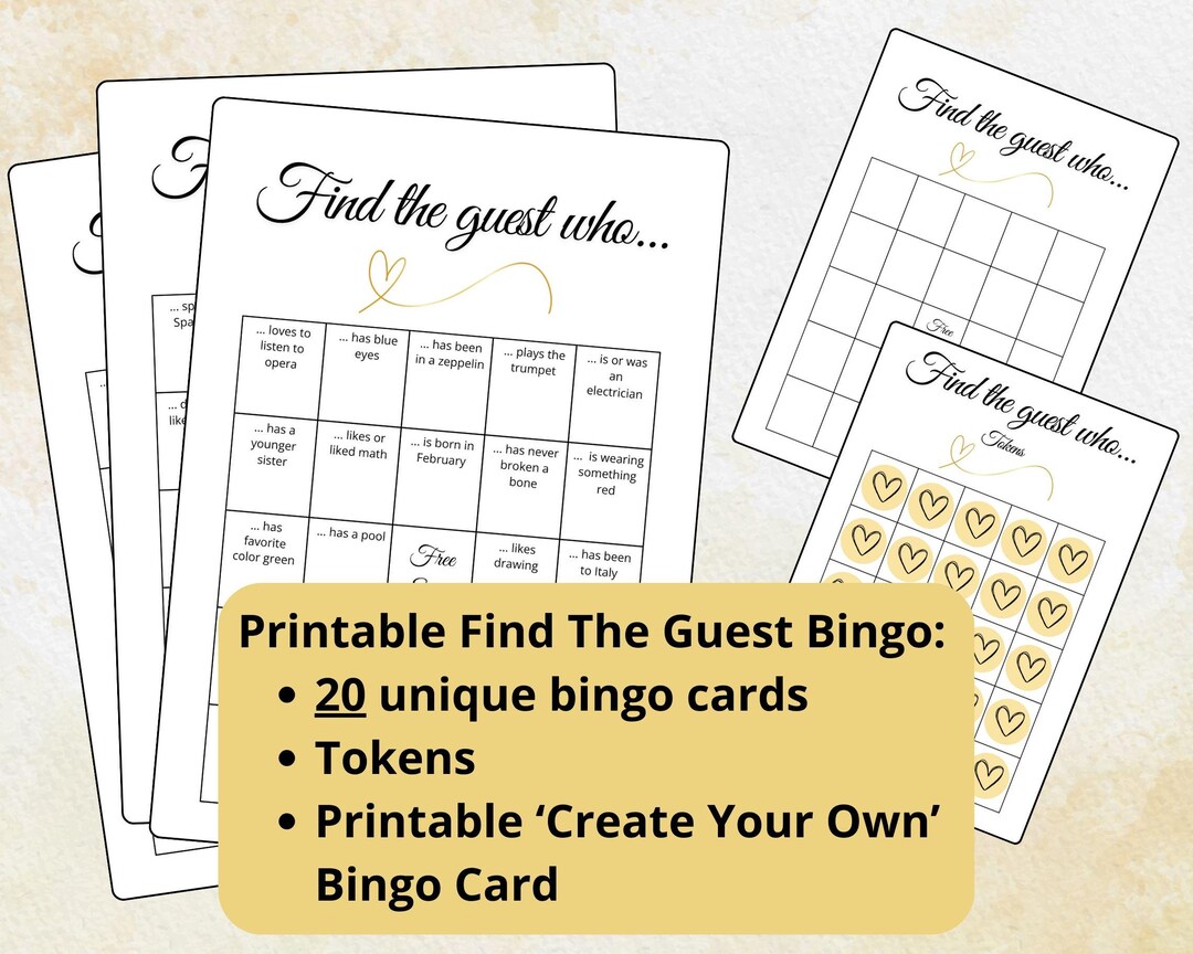 Find the Guest Bingo - 20 Cards - Find the Guest Game - Bridal Bingo ...
