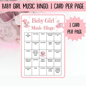 40 Baby Girl Music Bingo cards - music bingo - baby shower bingo - virtual baby games - baby trivia - baby shower jeopardy - Spotify playlist - musical bingo - girl baby shower - virtual baby shower - baby shower activity - gender reveal games pink