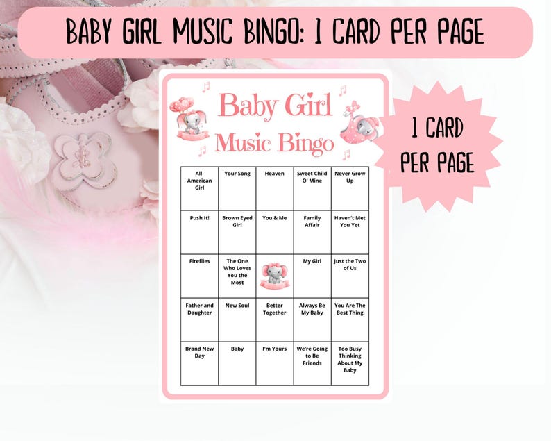 40 Baby Girl Music Bingo cards - music bingo - baby shower bingo - virtual baby games - baby trivia - baby shower jeopardy - Spotify playlist - musical bingo - girl baby shower - virtual baby shower - baby shower activity - gender reveal games pink