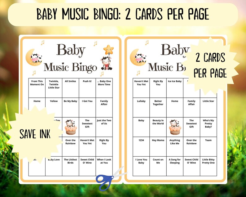 100 Baby Music Bingo cards - musical bingo - baby shower bingo - virtual baby shower - baby girl bingo - baby boy bingo - Spotify playlist - baby sprinkle bingo - cowboy western baby shower activity - baby family feud - baby songs bingo - jeopardy