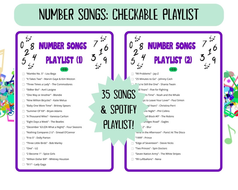 60 Number Songs Music Bingo cards - music bingo -  music game including Spotify playlist - number music bingo - 50s 60s 70s 80s 90s 00s music - printable game - songs of the decade - numbers bingo - numbers music - homeschool activity - family night