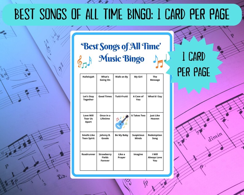 20 Best Songs of All Time Music Bingo cards - musical bingo - 50s 60s 70s 80s 90s 00s 10s music - team building games - Spotify playlist - family reunion bingo - sing-a-long - songs of the decade - boom box - bingo game - bar games - coworker bingo
