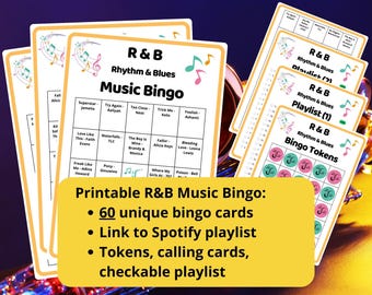 Bingo musicale RnB: 60 cartelle del bingo Rhythm and Blues con playlist Spotify, gettoni e biglietti da visita