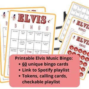 Elvis Bingo - 60 bingo cards - music bingo - Elvis Presley - team building games - Elvis bingo - Vegas bacholerette - Spotify playlist bingo