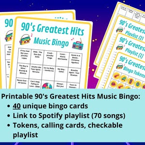 90&#39;s Music Bingo cards - 40 bingo cards - musical bingo - 90s music - music games - Spotify playlist - 90s bingo - throwback hit songs game