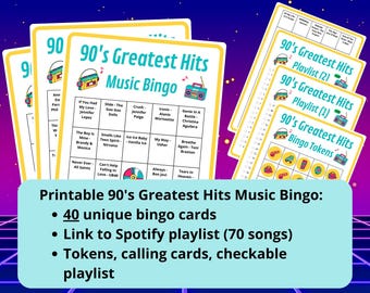 90's Music Bingo cards - 40 bingo cards - musical bingo - 90s music - music games - Spotify playlist - 90s bingo - throwback hit songs game