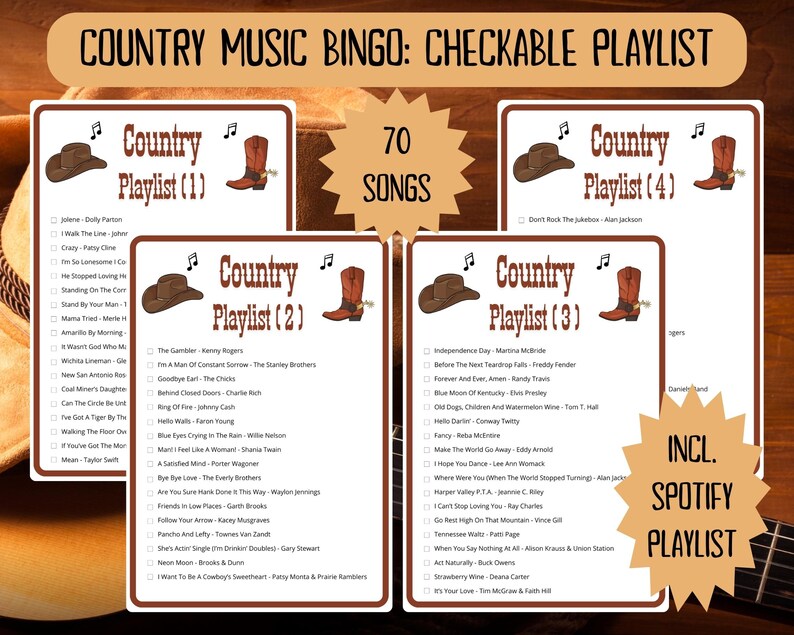 Country Music Bingo - 60 bingo cards music games - musical bingo - western bingo - Spotify playlist bingo - country bingo - musical games - country western gaming - country music - honky tonk - george strait - musical game - honkytonk - countrysongs