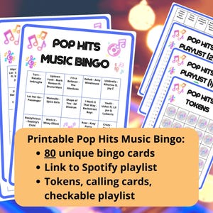 Tarjetas de bingo musical de éxitos del pop de los 80 - Bingo musical - Música de los años 70, 80, 90, 00 y 10 - Juegos de música - Incluye lista de reproducción de Spotify - Música popular