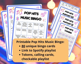 Tarjetas de bingo musical de éxitos del pop de los 80 - Bingo musical - Música de los años 70, 80, 90, 00 y 10 - Juegos de música - Incluye lista de reproducción de Spotify - Música popular