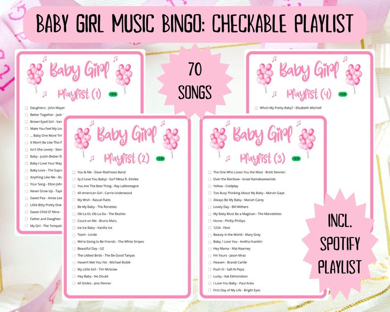 60 Baby Girl Music Bingo cards - music bingo - baby shower bingo - virtual baby games - girl baby shower - baby shower music - Spotify bingo - music playlist bingo -fun baby shower game - virtual baby games - baby shower activity - gender reveal game