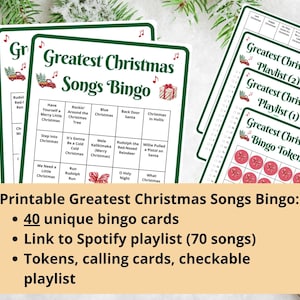 May include: A stack of Christmas-themed bingo cards with a green border and festive illustrations. The cards feature song titles and the text "Greatest Christmas Songs Bingo." Additional cards include a playlist and bingo tokens. The image also includes the text: "40 unique bingo cards."