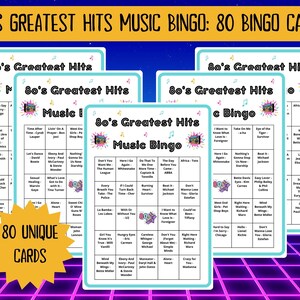 80 80s Greatest Hits Music Bingo cards - music bingo - 80s music - team building games - incl Spotify playlist - family reunion bingo - sing-a-long - songs of the decade - boom box - party game - bingo game - bar games - bar bingo - pub crawl bingo