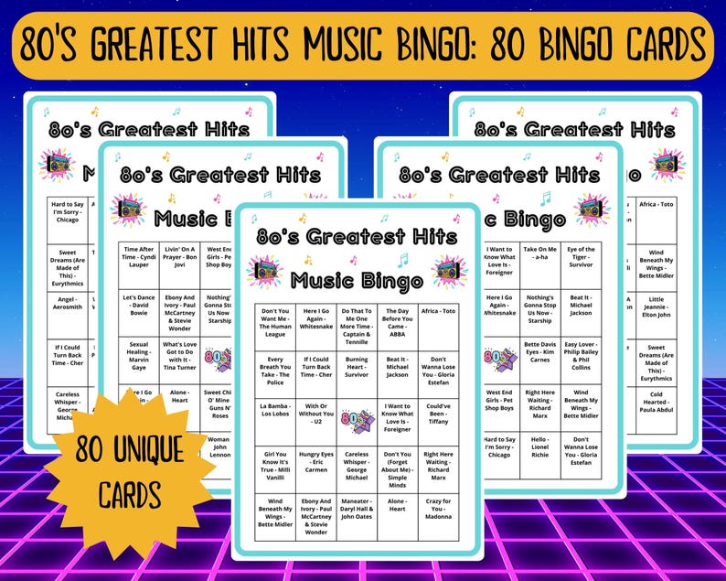 80 80s Greatest Hits Music Bingo cards - music bingo - 80s music - team building games - incl Spotify playlist - family reunion bingo - sing-a-long - songs of the decade - boom box - party game - bingo game - bar games - bar bingo - pub crawl bingo