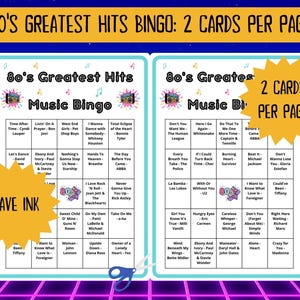 80 80s Greatest Hits Music Bingo cards - music bingo - 80s music - team building games - incl Spotify playlist - family reunion bingo - sing-a-long - songs of the decade - boom box - party game - bingo game - bar games - bar bingo - pub crawl bingo