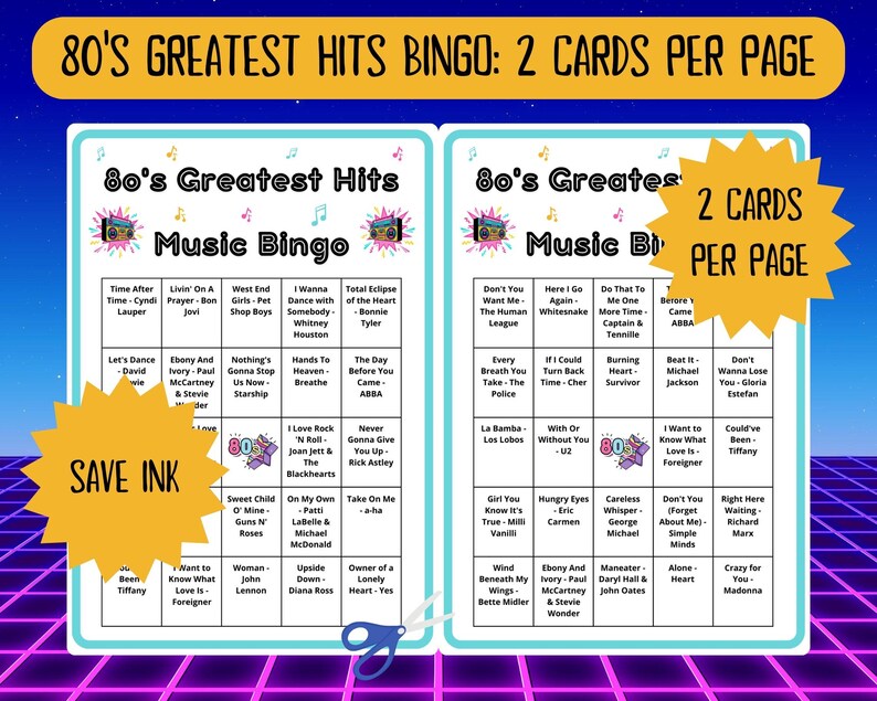 80 80s Greatest Hits Music Bingo cards - music bingo - 80s music - team building games - incl Spotify playlist - family reunion bingo - sing-a-long - songs of the decade - boom box - party game - bingo game - bar games - bar bingo - pub crawl bingo