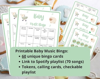60 Baby Music Bingo cards - music bingo - baby shower bingo - virtual baby games - baby bingo - baby song game - including Spotify playlist