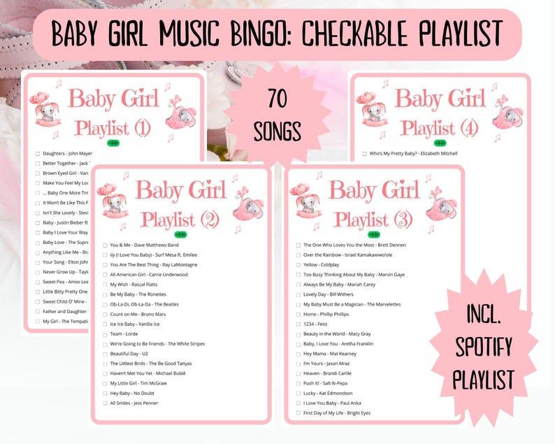 40 Baby Girl Music Bingo cards - music bingo - baby shower bingo - virtual baby games - baby trivia - baby shower jeopardy - Spotify playlist - musical bingo - girl baby shower - virtual baby shower - baby shower activity - gender reveal games pink