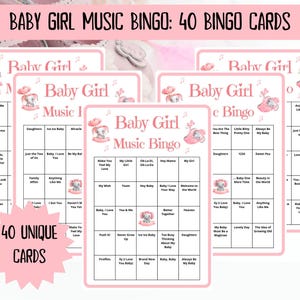 40 Baby Girl Music Bingo cards - music bingo - baby shower bingo - virtual baby games - baby trivia - baby shower jeopardy - Spotify playlist - musical bingo - girl baby shower - virtual baby shower - baby shower activity - gender reveal games pink