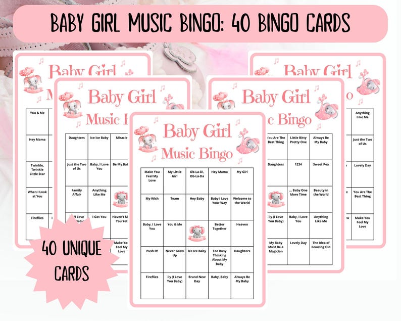 40 Baby Girl Music Bingo cards - music bingo - baby shower bingo - virtual baby games - baby trivia - baby shower jeopardy - Spotify playlist - musical bingo - girl baby shower - virtual baby shower - baby shower activity - gender reveal games pink