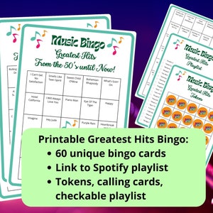 Tarjetas de bingo musical de los 60 mejores éxitos - Bingo musical - Música de los años 50, 60, 70, 80, 90 y 1990 - Juegos de música - Incluye lista de reproducción de Spotify