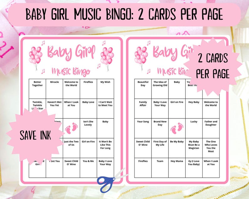 60 Baby Girl Music Bingo cards - music bingo - baby shower bingo - virtual baby games - girl baby shower - baby shower music - Spotify bingo - music playlist bingo -fun baby shower game - virtual baby games - baby shower activity - gender reveal game