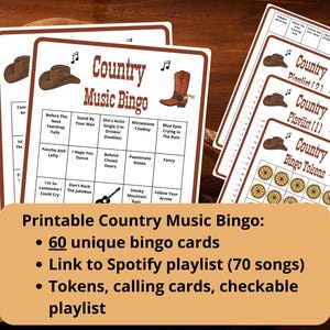 Bingo de música country - 60 cartões de bingo - bingo ocidental - bingo musical - lista de reprodução do Spotify - bingo de músicas country - jogos musicais honky tonk