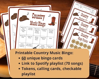 Country Music Bingo - 60 bingo cards - western bingo - musical bingo - Spotify playlist - country songs bingo - honky tonk musical games