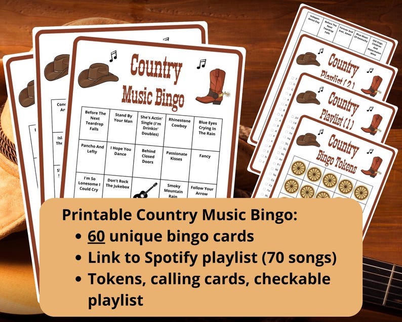 Country Music Bingo - 60 bingo cards music games - musical bingo - western bingo - Spotify playlist bingo - country bingo - musical games - country western gaming - country music - honky tonk - george strait - musical game - honkytonk - countrysongs