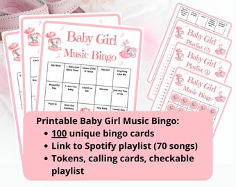 Baby Shower Bingo: 100 kart do gry w bingo muzyczne z playlistą Spotify, żetonami i wizytówkami (do druku; PDF)