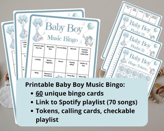 60 kart Baby Boy Music Bingo - bingo na baby shower - bingo muzyczne - wirtualna gra dla niemowląt - baby shower dla chłopców - bingo dla niemowląt - w tym playlista Spotify
