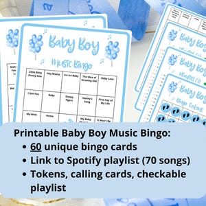 Baby Shower Bingo - 60 Baby Boy Music Bingo cards - baby shower games - virtual baby shower - blue baby shower game - Spotify playlist bingo