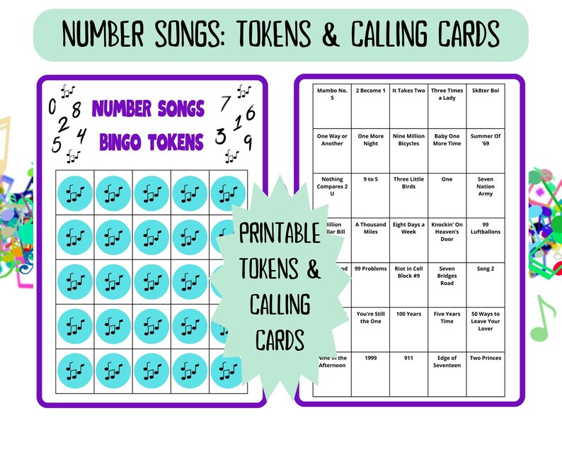 60 Number Songs Music Bingo cards - music bingo -  music game including Spotify playlist - number music bingo - 50s 60s 70s 80s 90s 00s music - printable game - songs of the decade - numbers bingo - numbers music - homeschool activity - family night