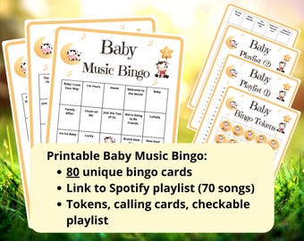 Baby Shower Music Bingo - 80 baby bingo cards - neutral baby shower game - baby bingo - baby shower trivia games - Spotify playlist bingo