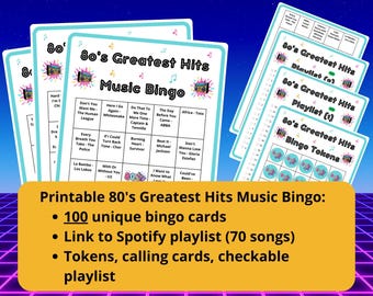 Bingo musical de los 80: 100 cartones de bingo únicos, bingo musical, música de los 80, juegos musicales, incluye lista de reproducción de Spotify, noche de juegos musicales