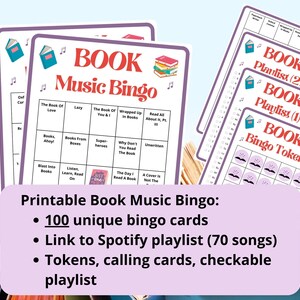 100 冊のブック ミュージック ビンゴ カード - 図書館読書クラブ ゲーム - アイスブレーカー - bookstagram booktok バーチャル読書クラブ - 読書好き - Spotify プレイリスト