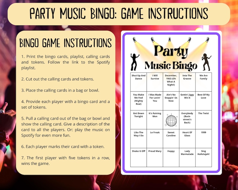Party Music Bingo - 100 cards - musical party bingo - dance bingo - team building games - fun icebreaker - Spotify playlist bingo game - dance bingo - dance mode bingo - bingo dancing- team build - music bingo game -  musical bingo - last disco party
