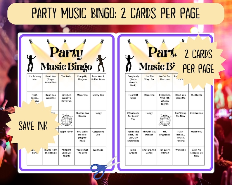 Party Music Bingo - 100 cards - musical party bingo - dance bingo - team building games - fun icebreaker - Spotify playlist bingo game - dance bingo - dance mode bingo - bingo dancing- team build - music bingo game -  musical bingo - last disco party