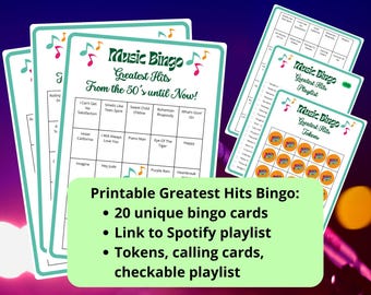 Bingo musical de los mejores éxitos: 20 cartones de bingo: música de los años 50, 60, 70, 80, 90 y 2000; juegos musicales; bingo con listas de reproducción de Spotify; bingo musical