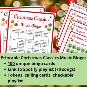 100 kerstklassiekers muziekbingokaarten - bingo met kerstliedjes - afdrukbare muziekbingo - incl Spotify-afspeellijst - trivia-spel kerst