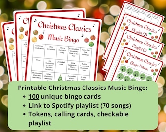 100 Christmas Classics Music Bingo cards - Christmas songs bingo - printable music bingo - incl Spotify playlist - Christmas trivia game