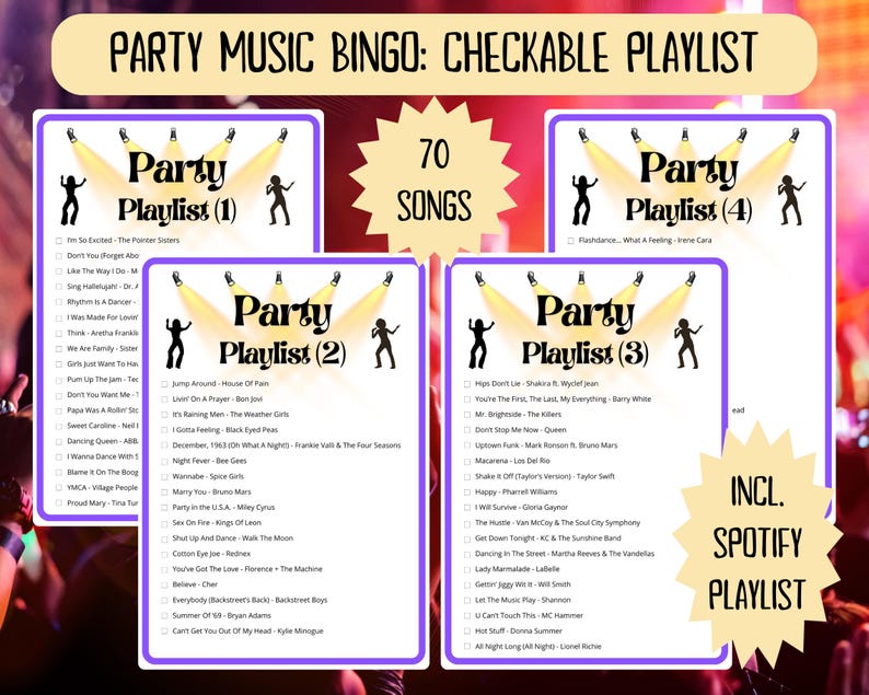 Party Music Bingo - 100 cards - musical party bingo - dance bingo - team building games - fun icebreaker - Spotify playlist bingo game - dance bingo - dance mode bingo - bingo dancing- team build - music bingo game -  musical bingo - last disco party