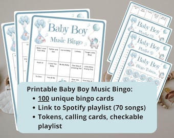 Baby Shower Music Game - 100 Music Bingo Cards - virtual baby shower bingo - musical bingo - baby shower activity - Spotify playlist bingo