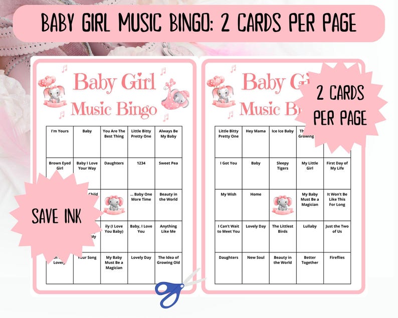 40 Baby Girl Music Bingo cards - music bingo - baby shower bingo - virtual baby games - baby trivia - baby shower jeopardy - Spotify playlist - musical bingo - girl baby shower - virtual baby shower - baby shower activity - gender reveal games pink