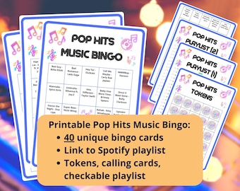 40 cartelle Pop Hits Music Bingo - Bingo musicale - Musica anni '70, '80, '90, '00 e '10 - giochi musicali - inclusa playlist Spotify - canzoni popolari